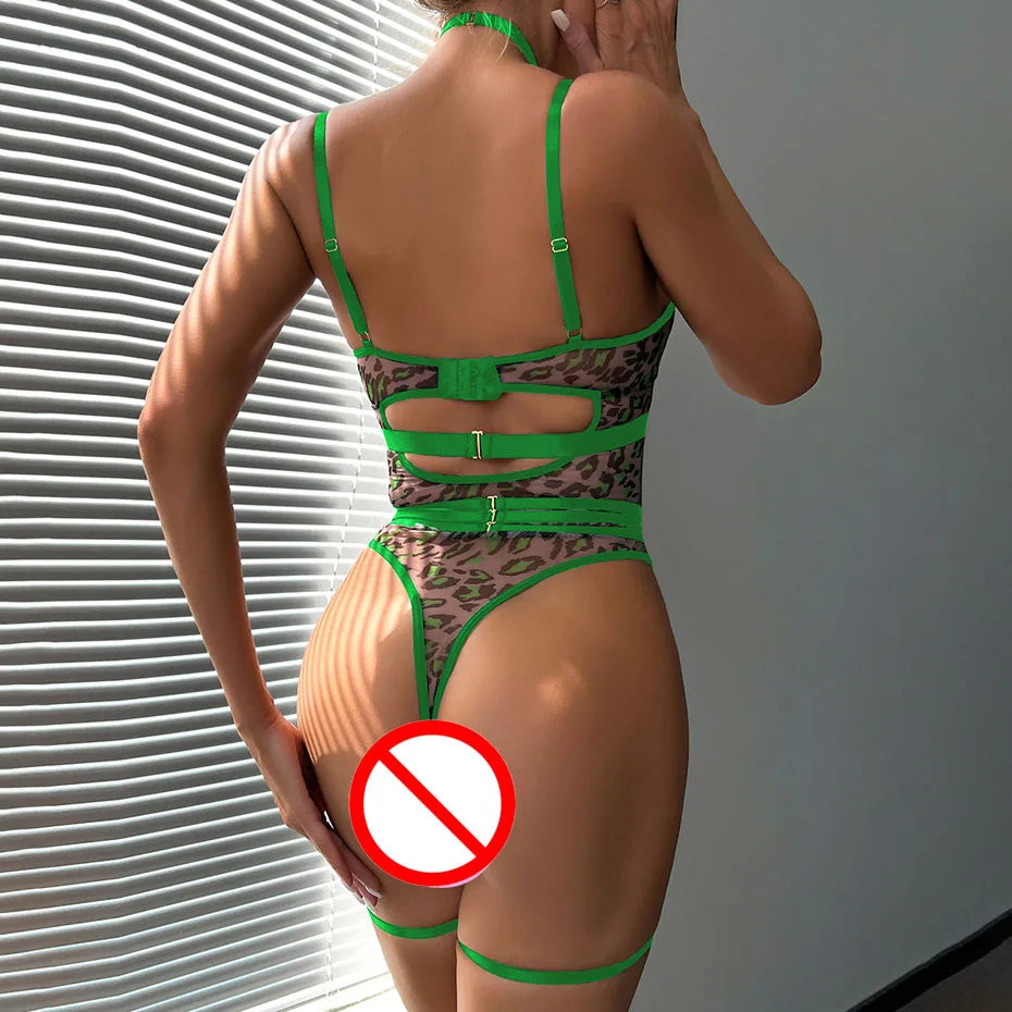 Leopard Lace Bodysuit Alluring Open Crotch Teddy For Women