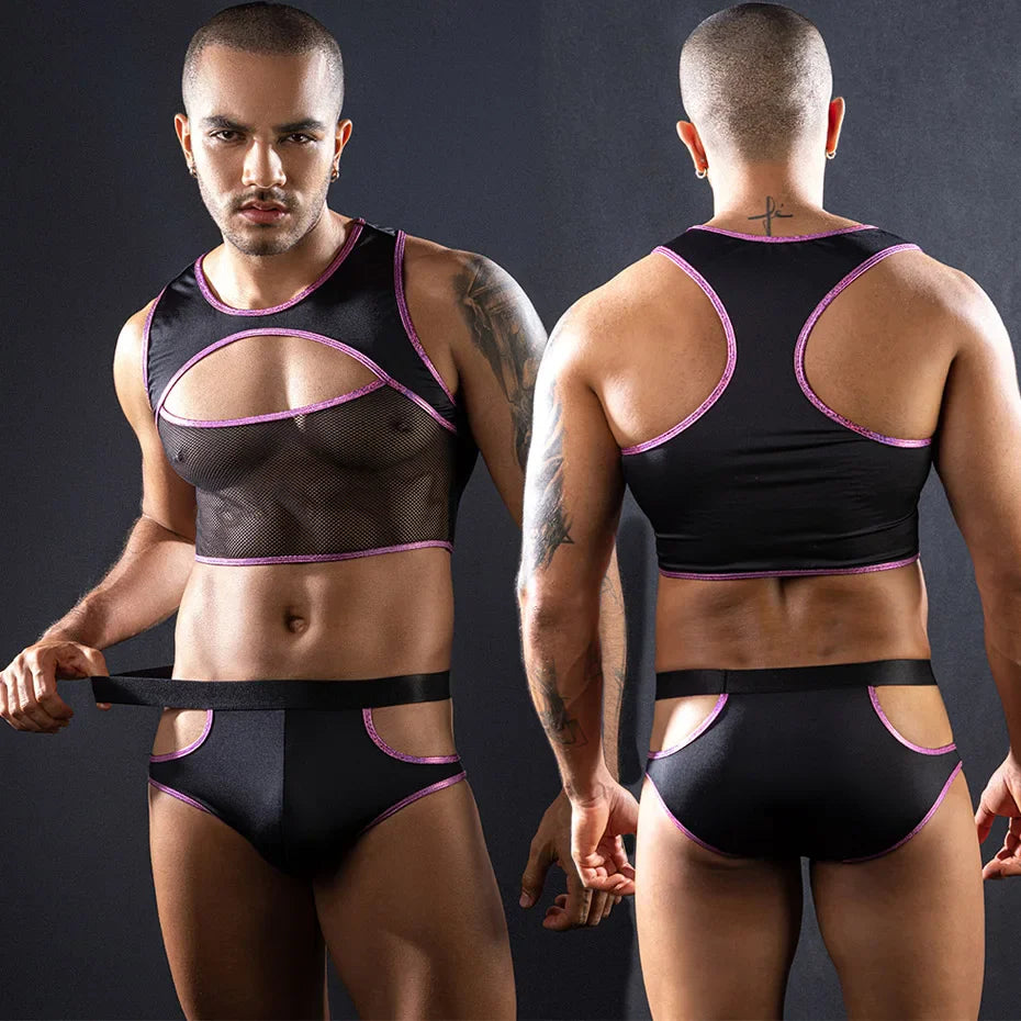 Men Alluring Leather Bodysuit Hollow Out One-Piece