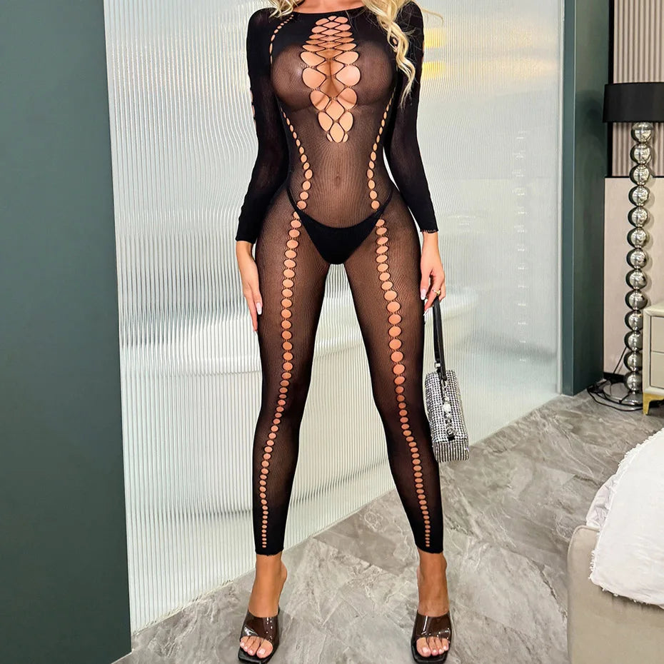 Alluring Black Fishnet Bodysuit Nightwear For Women Hollow