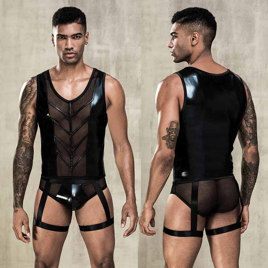 Alluring Waiter Uniform Cosplay Lingerie Set Black Mesh Men