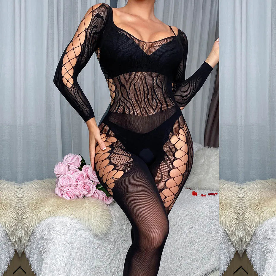 Striped Open Crotch Bodystocking Alluring Lingerie For Women