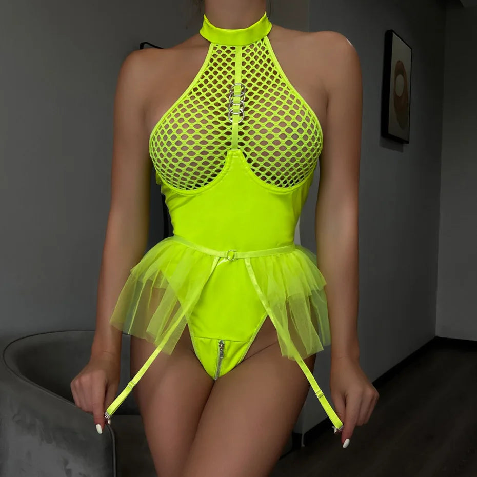 Blue Halter Bodysuit With Open Crotch Lace Skirt Alluring