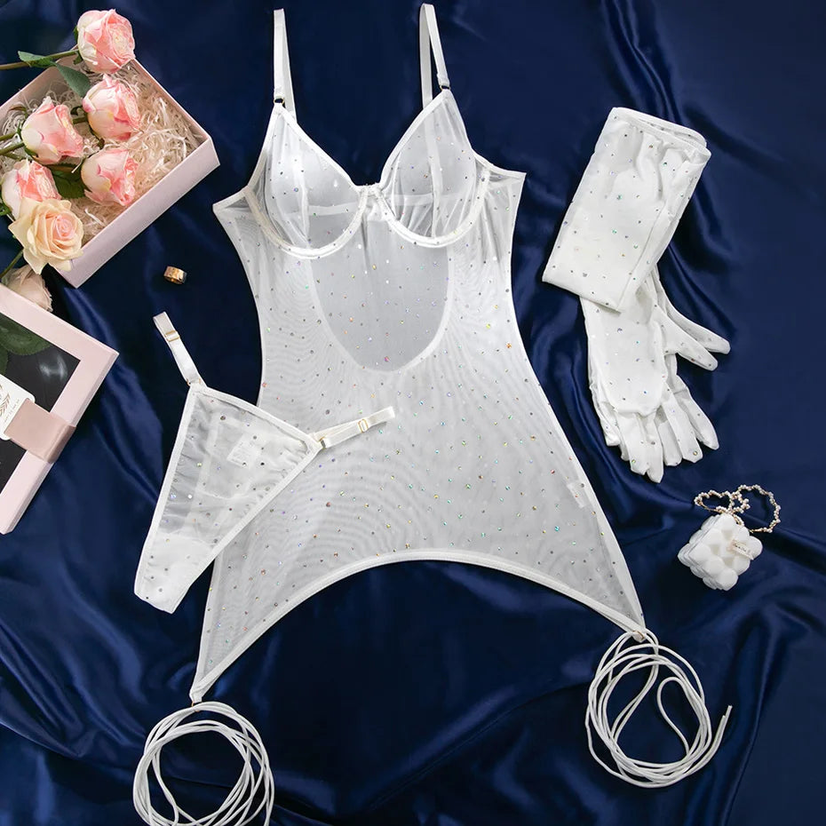 Red Lace Babydoll Nightgown Set With Diamond Gloves