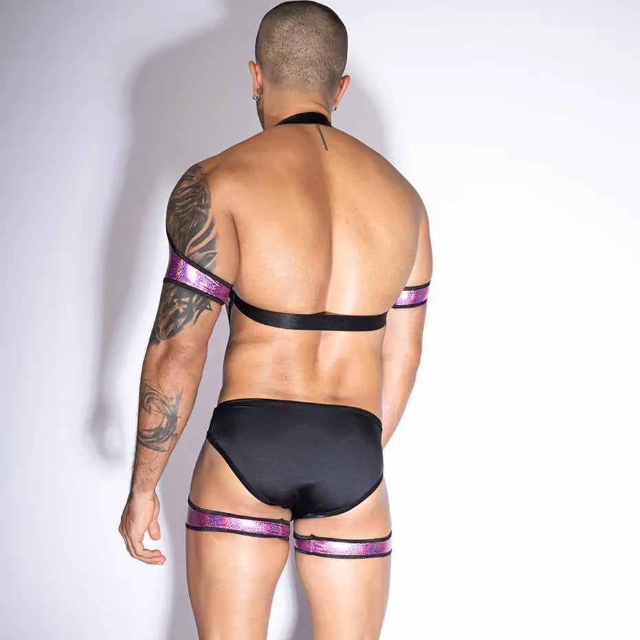 Men 2-Piece Red Leather Bodysuit Alluring Hollow Out Teddy