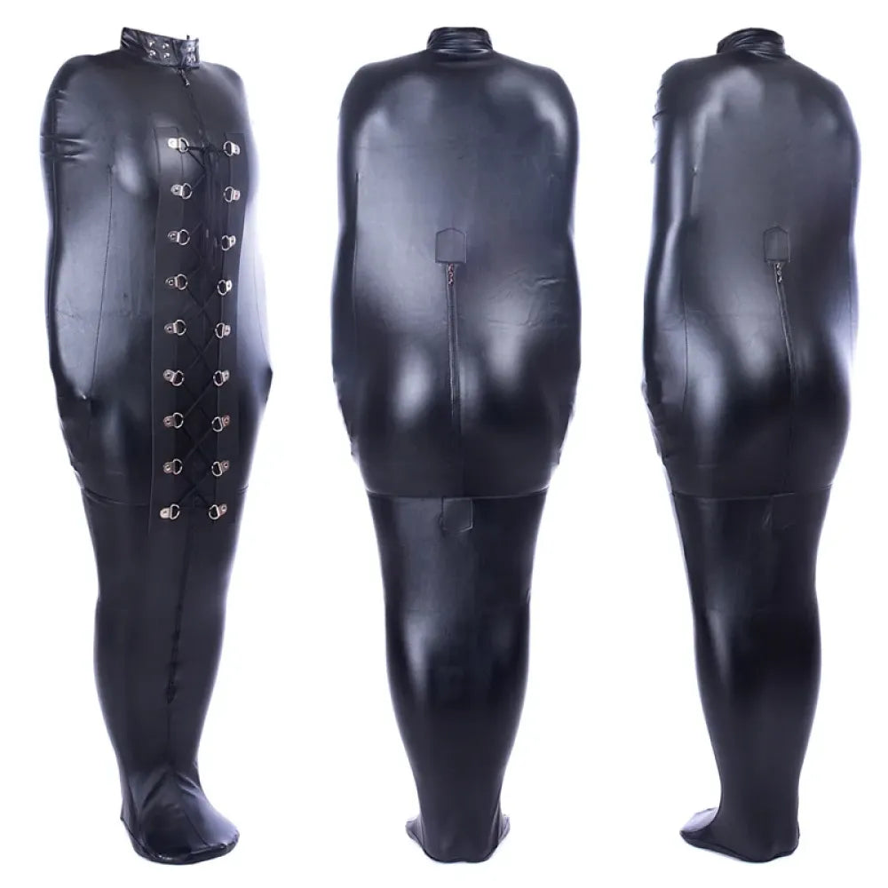 Full Body Leather Bondage Bag Long Sleeve Catsuit For Bdsm