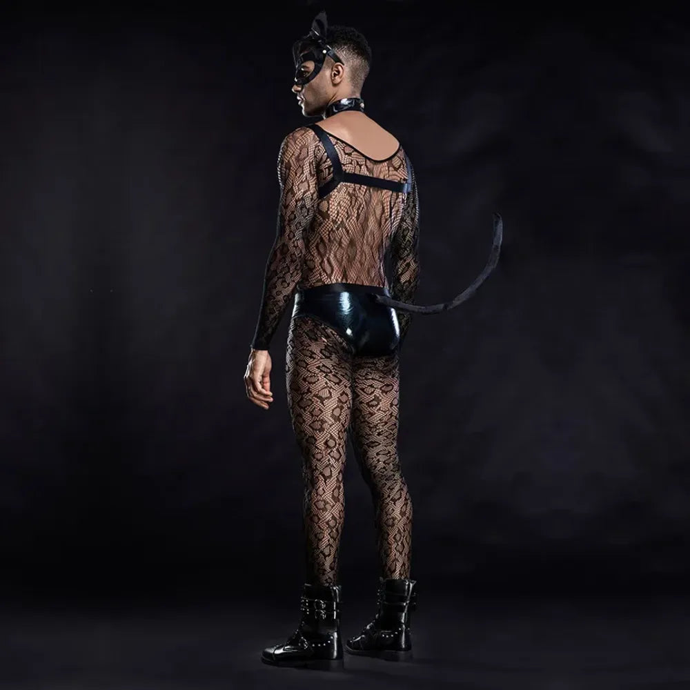 Men Fishnet Bodysuit & Lingerie Set Alluring Cat Cosplay