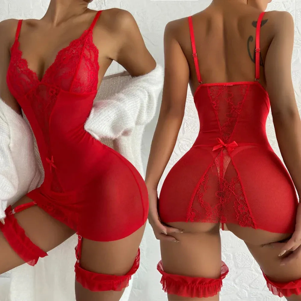 Plus Size Crotchless Lingerie Set Garters