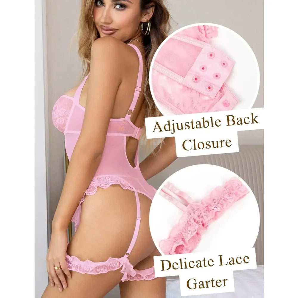 Plus Size Mesh Lace Lingerie Set Garter Cuffs